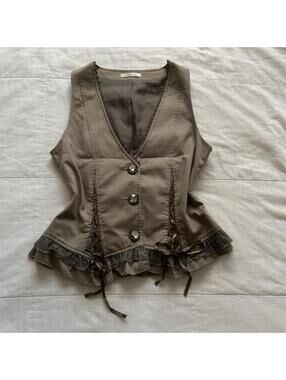 Axes Femme Taupe Brown Corset Lace Up Vest Jewel Buttons Ruffle Hem M Japan